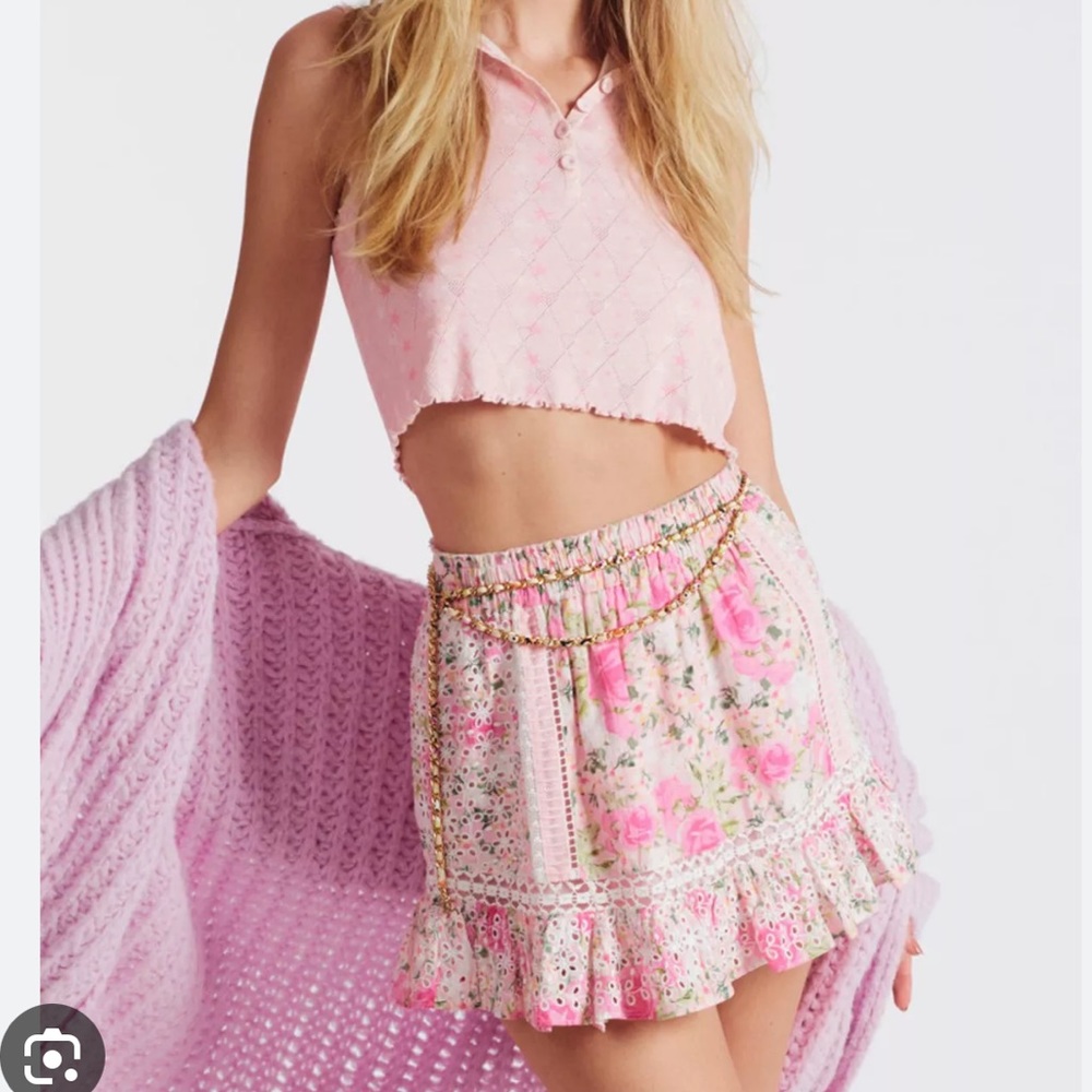 Loveshackfancy baydar cotton ruffle mini skirt Magenta Flower Fields lace floral